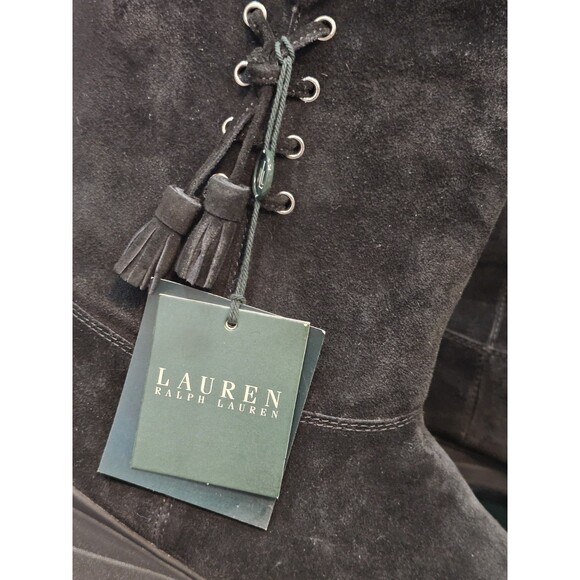 Ralph Lauren Tadina Mid-Calf Winter Boots Womens 8.5B Black Nubuck Lamb Fur Trim - Picture 12 of 16